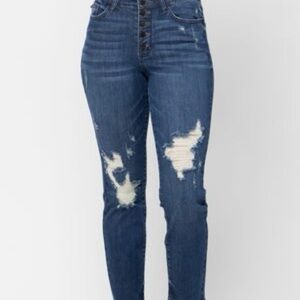 Judy Blue Button Fly Distressed Boyfriend Jeans - Dark Blue Size 7/28